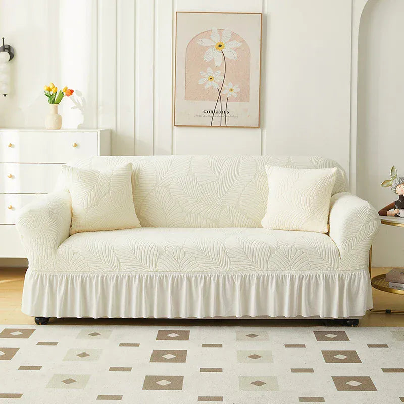 Housse de Canapé avec Jupe Motif Feuillage Beige Beige / Large