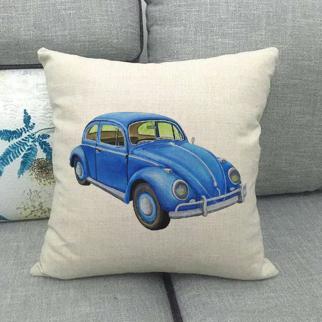 Housse de Coussin Décorative Motif VW Coccinelle Bleue Rétro 1 / 40x40cm