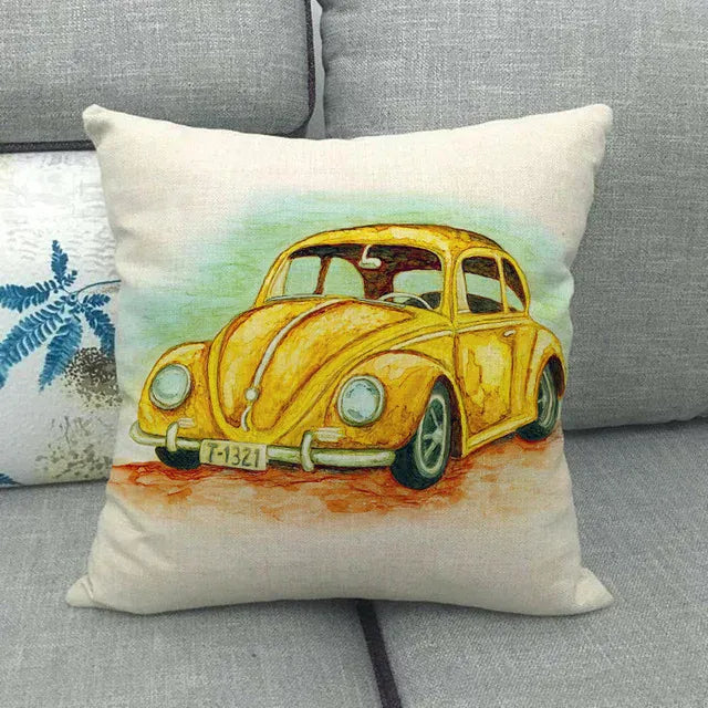 Housse de Coussin Décorative Motif VW Coccinelle Jaune Rétro Aquarelle 3 / 40x40cm