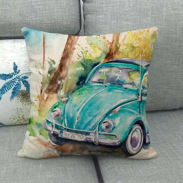 Housse de Coussin Décorative Motif VW Coccinelle Turquoise 11 / 40x40cm