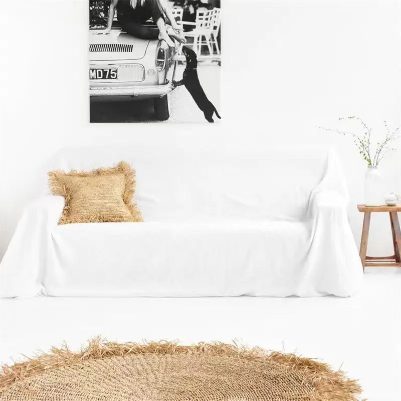 Jeté de Canapé Doux en Lin Naturel Blanc Blanc / 100x160cm