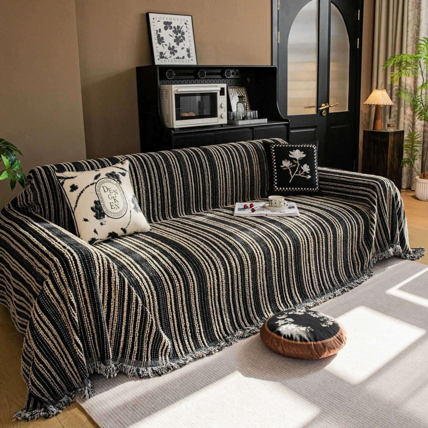 Jeté de Canapé en Molleton Rayé Marron et Noir Noir / 180x90cm