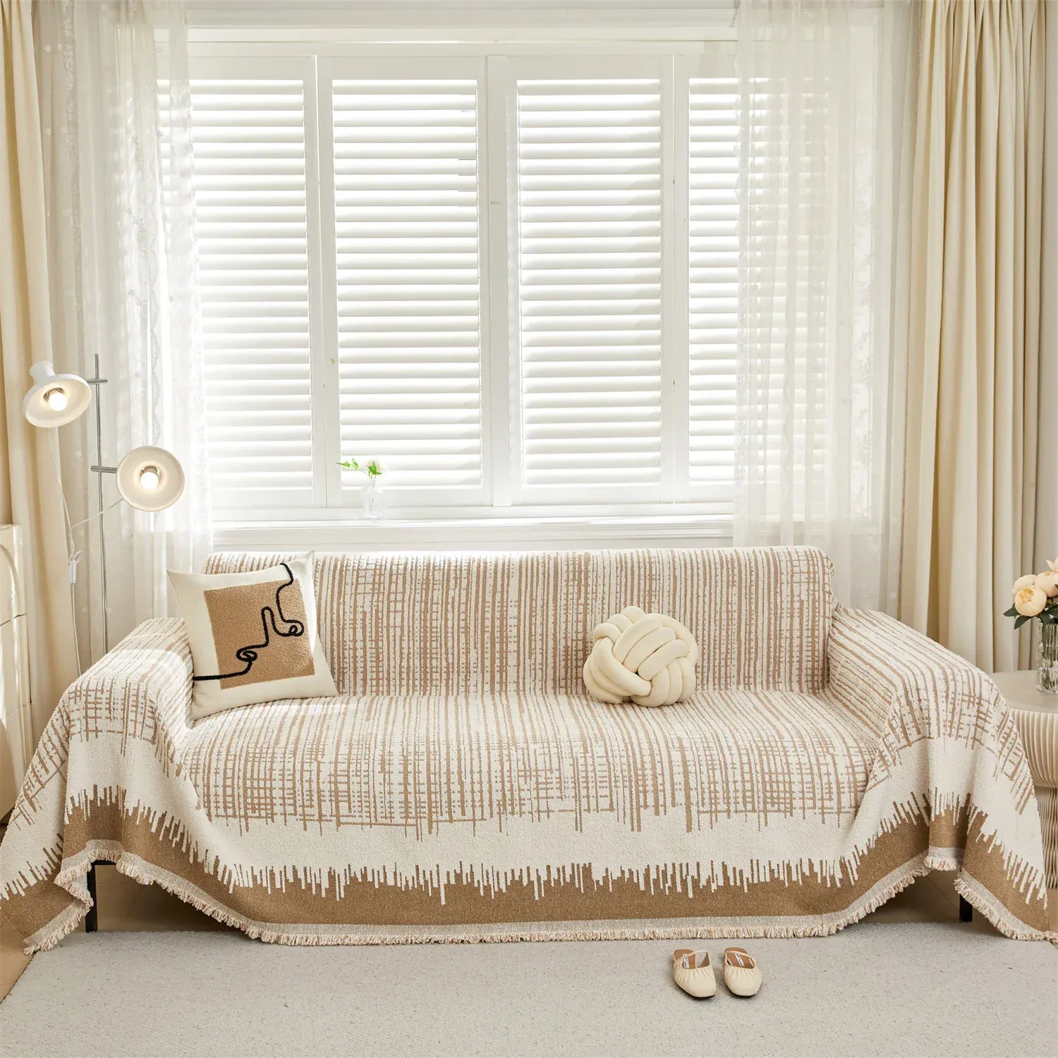 Jeté de Canapé Molletonnée à Lignes Caramel Kaki / 180x90cm