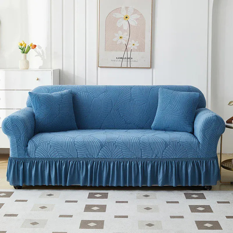 Housse de Canapé avec Jupe Motif Feuillage Bleu