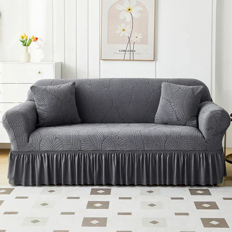 Housse de Canapé avec Jupe Motif Feuillage Gris Foncé