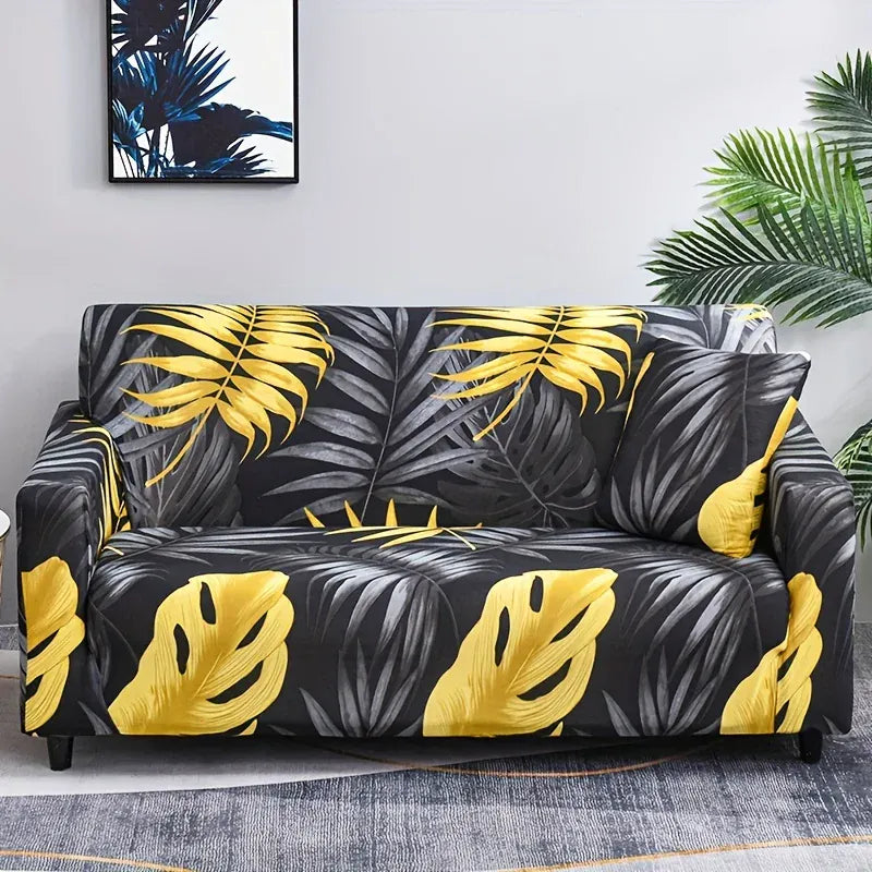 Housse de Canapé Imprimé Feuille Jaune et Noir