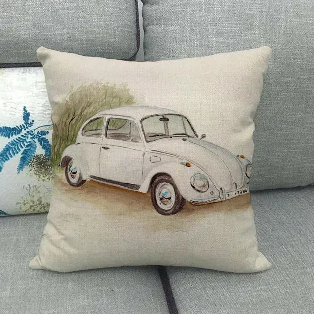 Housse de Coussin Décorative Motif VW Coccinelle Blanche Rétro