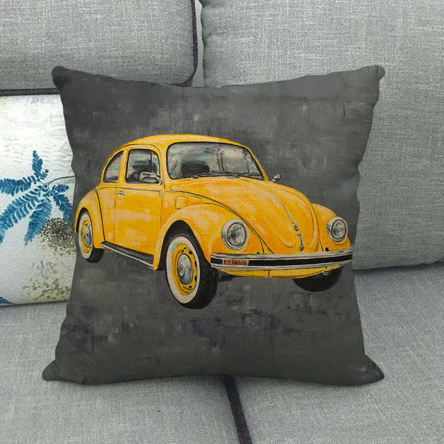 Housse de Coussin Décorative Motif VW Coccinelle Jaune Rétro