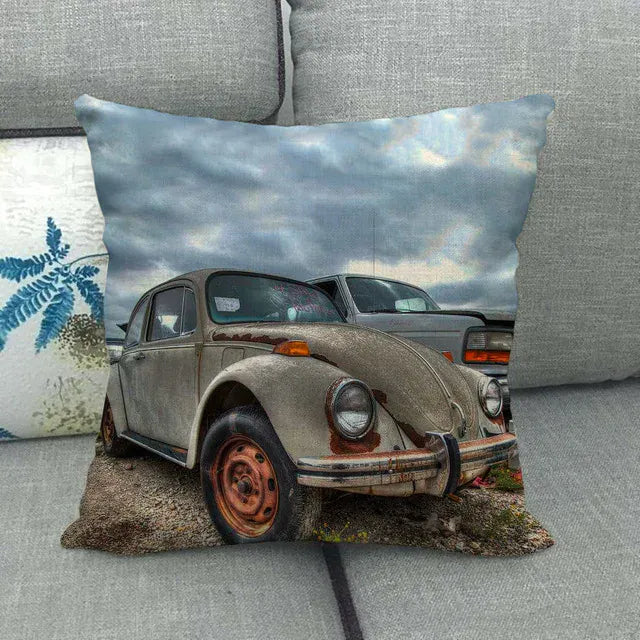 Housse de Coussin Décorative Motif VW Coccinelle Patinée Rusty Look
