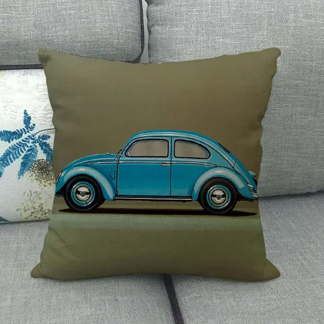 Housse de Coussin Décorative Motif VW Coccinelle Rétro Bleu Canard