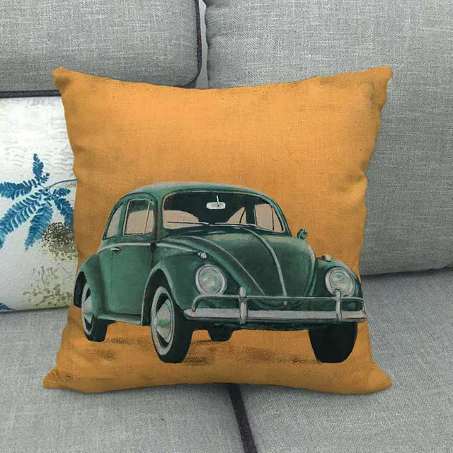 Housse de Coussin Décorative Motif VW Coccinelle Rétro Verte