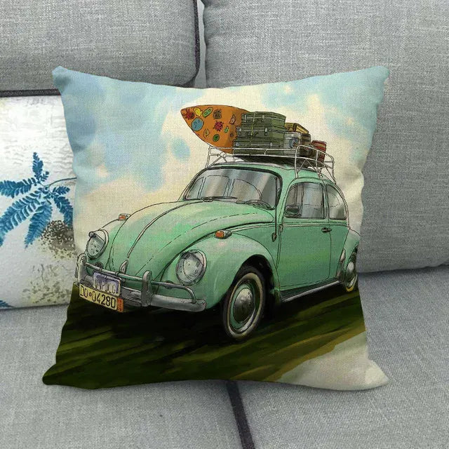 Housse de Coussin Décorative Motif VW Coccinelle Voyage Surf & Bagages