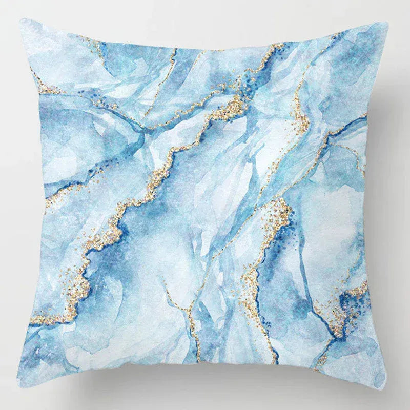 Housse de Coussin Motif Marbre Bleu Clair et Veines Dorées