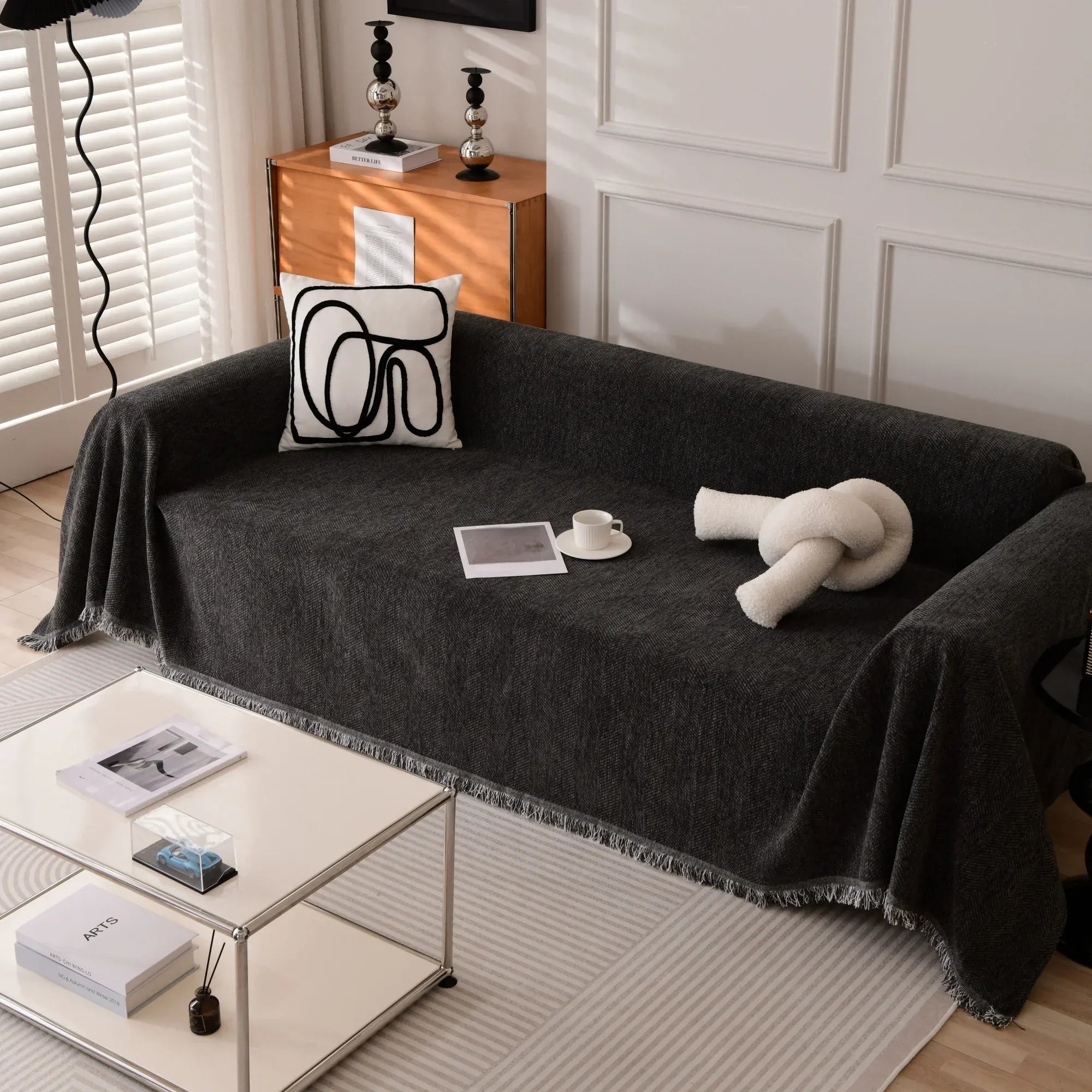 Jeté de Canapé avec Pompons Noir