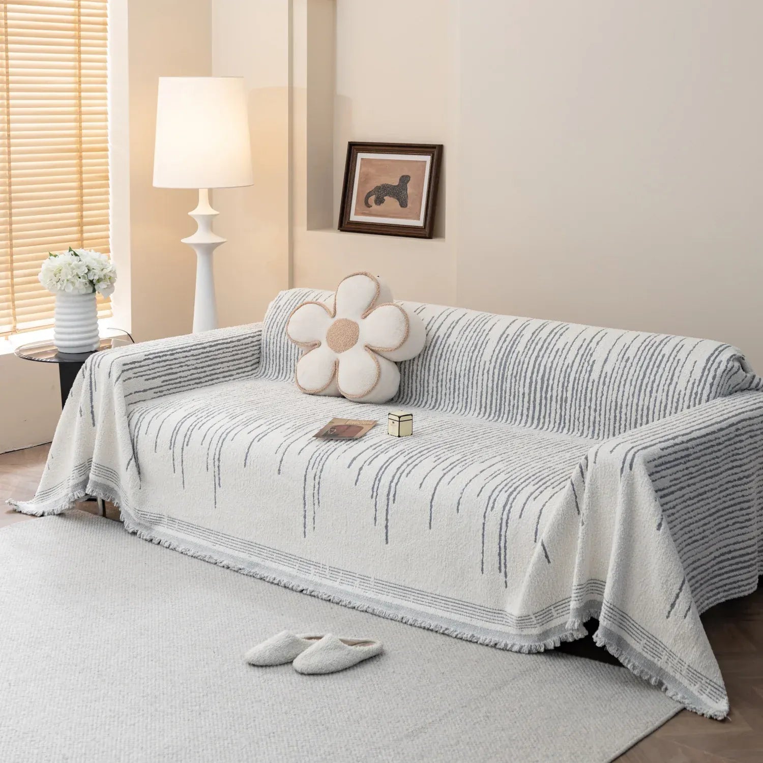 Jeté de Canapé Molletonnée à Lignes Gris Clair