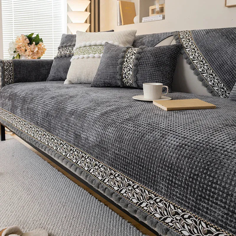 Protège Canapé en Chenille Douce Gris Foncé