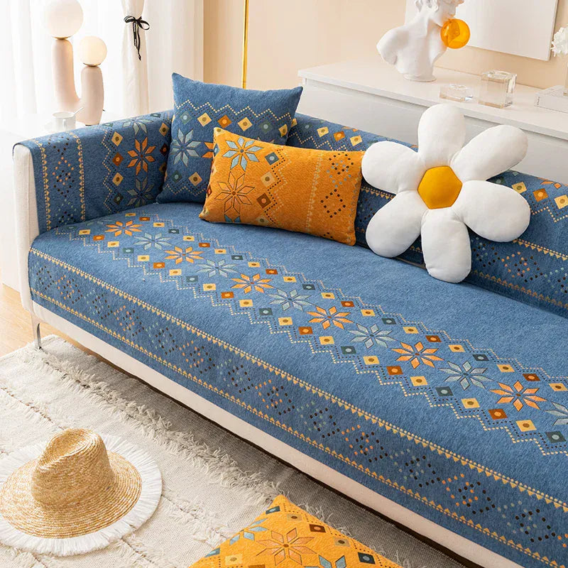Protège Canapé Style Bohème à Motif Bleu